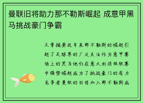曼联旧将助力那不勒斯崛起 成意甲黑马挑战豪门争霸